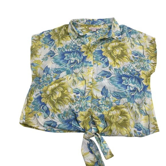 Carolyn Taylor Women's sz Small Blouse Green Blue Floral tie front Short Sleeve - Picture 1 of 4